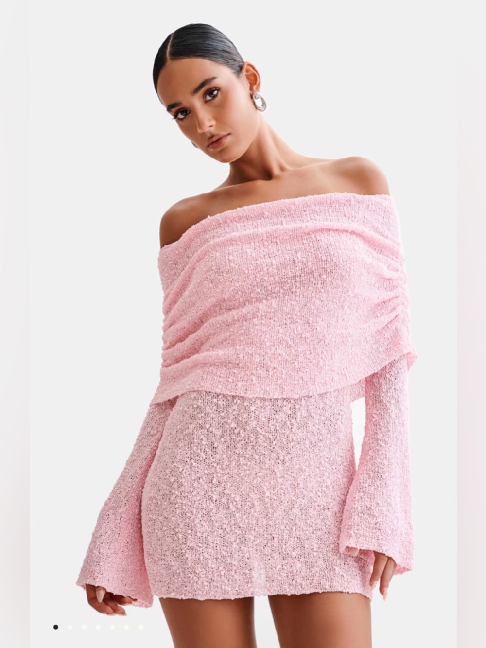 Meshki Marisol Off Shoulder Boucle Mini Dress in Baby Pink